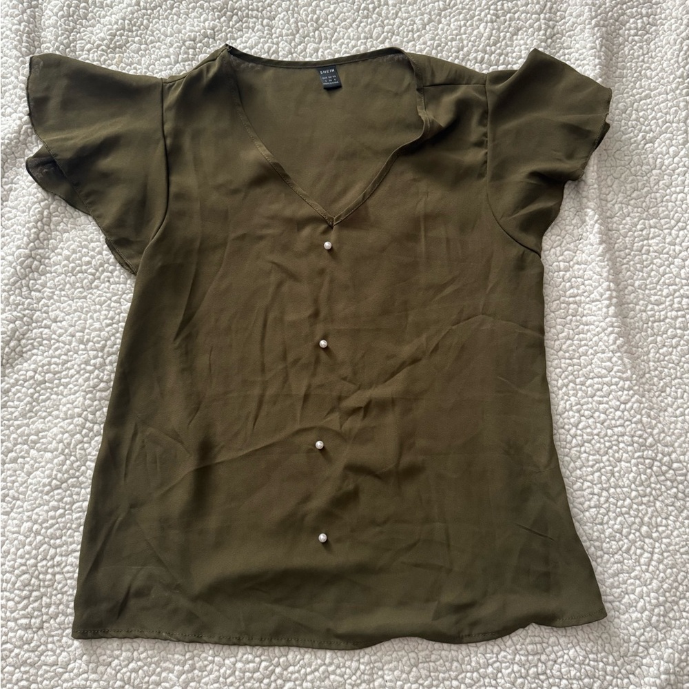 SHEIN Olive Button-Down Blouse